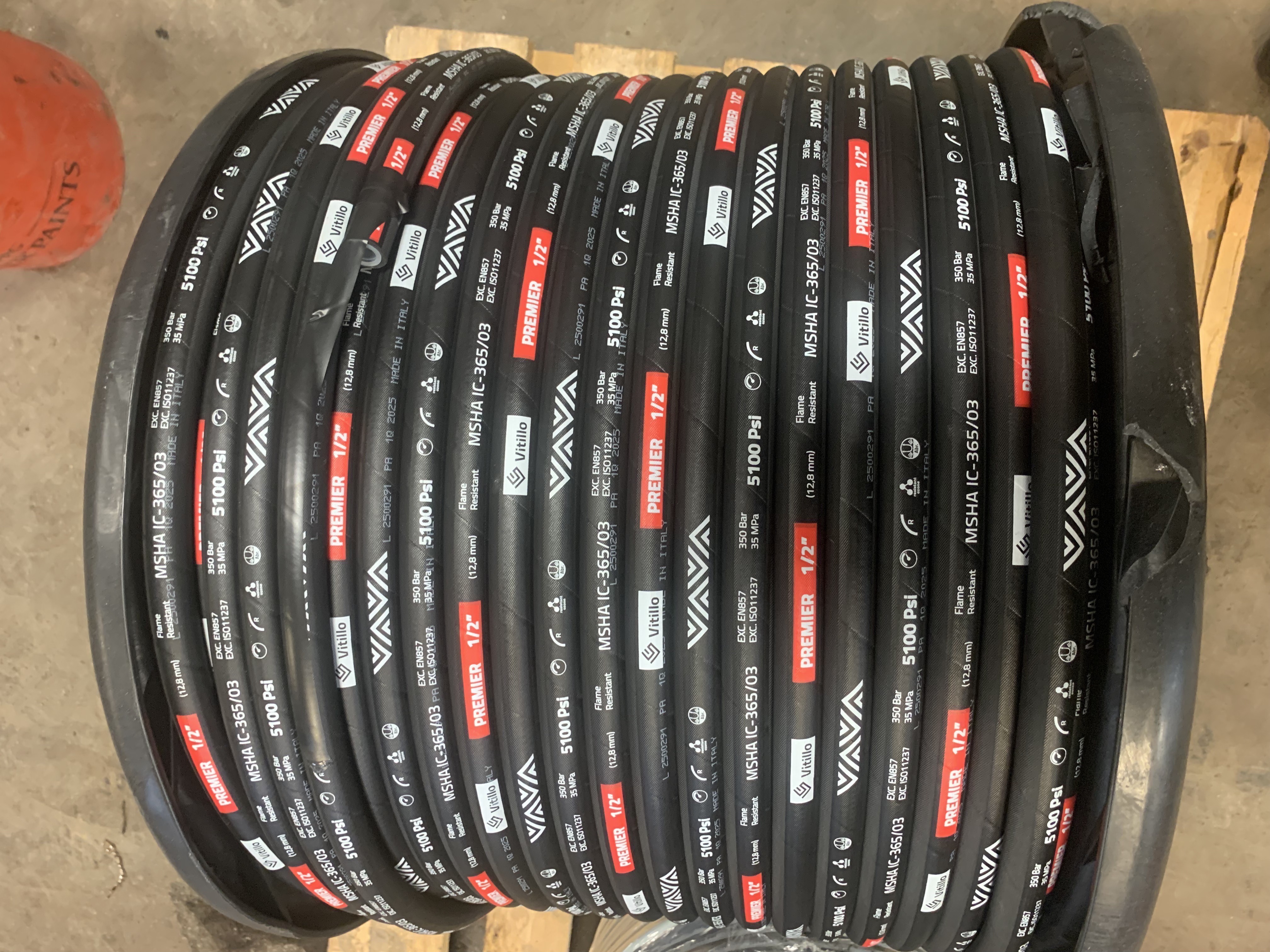 Close-up of Vitillo half-inch hydraulic hose roll